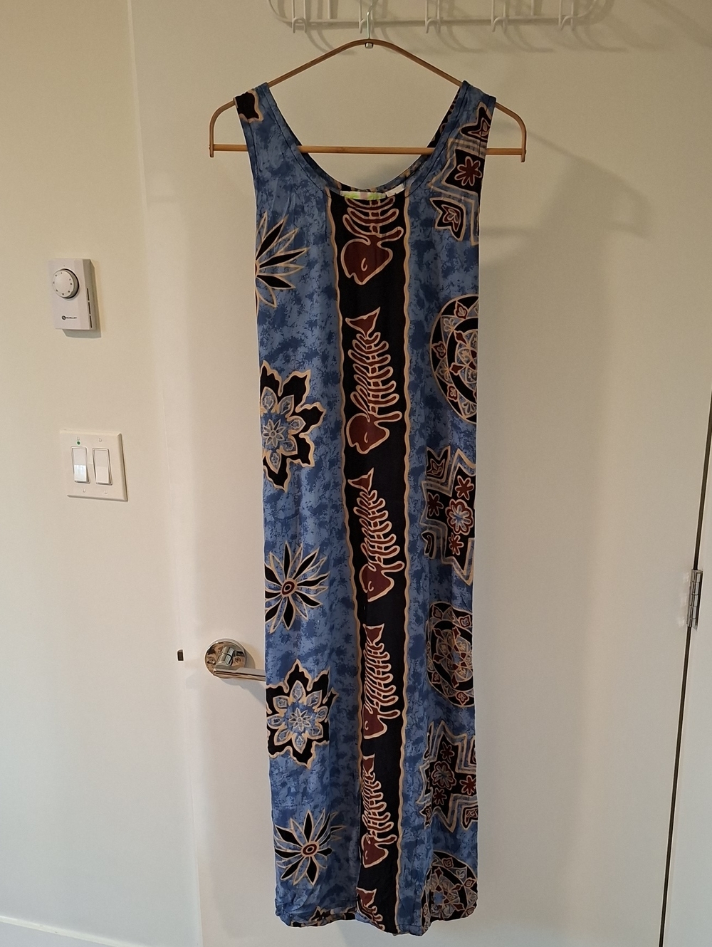 Vintage 90's Maxi Blue Boho/Batik Floral Tie-back Detail Sheath Dress (Size S)